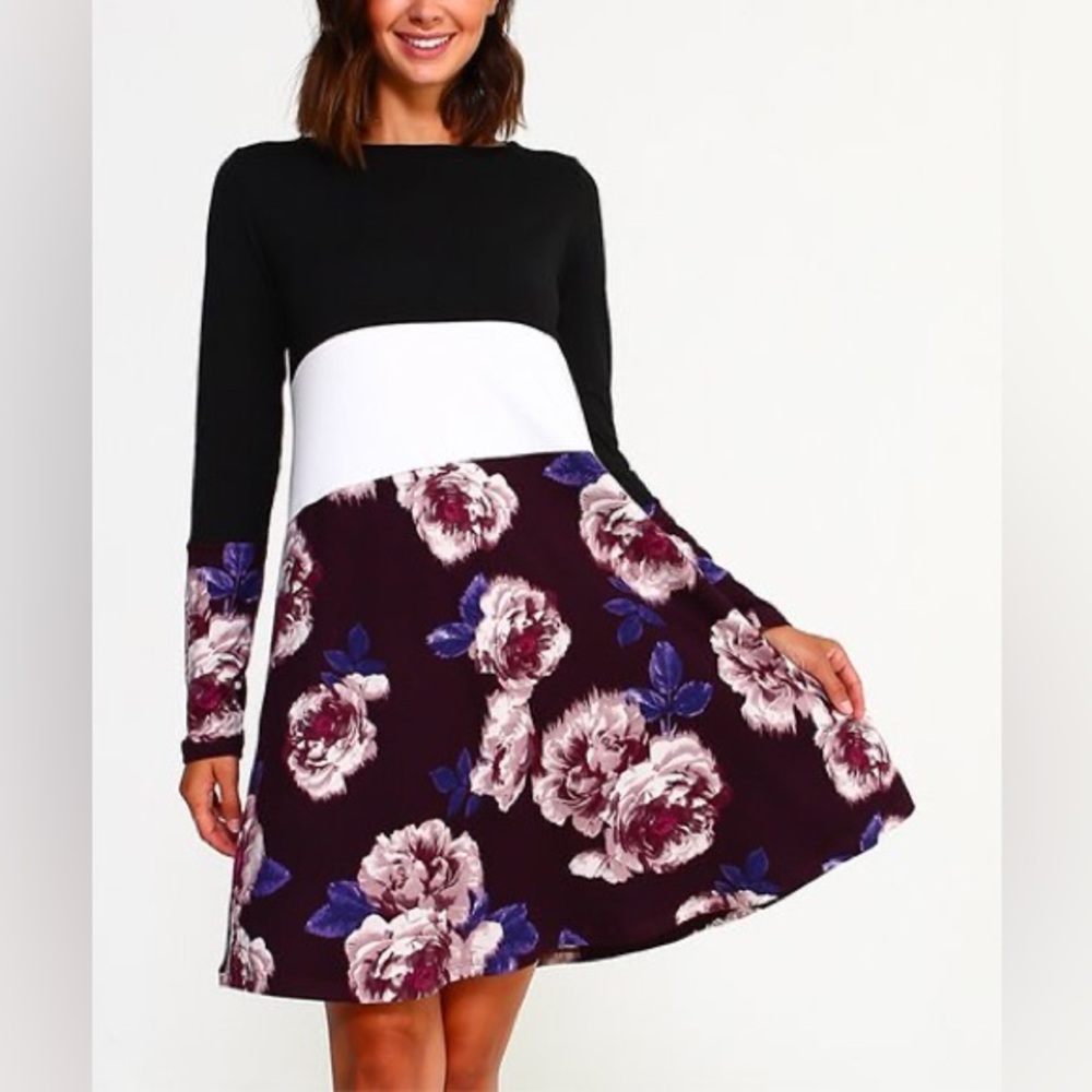 Eldridge Plum Floral Color Block Long Sleeve Dress